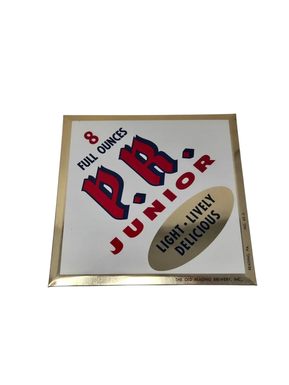 Vintage P.R. Junior Beer Sign Tin Over Cardboard Reading PA Brewery Bar EUC 9x9
